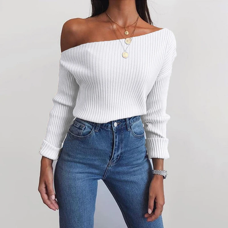 Oblique Collar Sexy Knitted Sweater Women Asymmetrical Pullovers One Shoulder Fashion Autumn Winter Sweaters Cropped