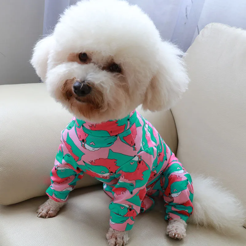 Pet Dog Jumpsuit Thin 100%Cotton Puppy Clothes Printed Overalls For Small Dogs Protect Belly Stretchy Pajamas Chihuahua Poodle