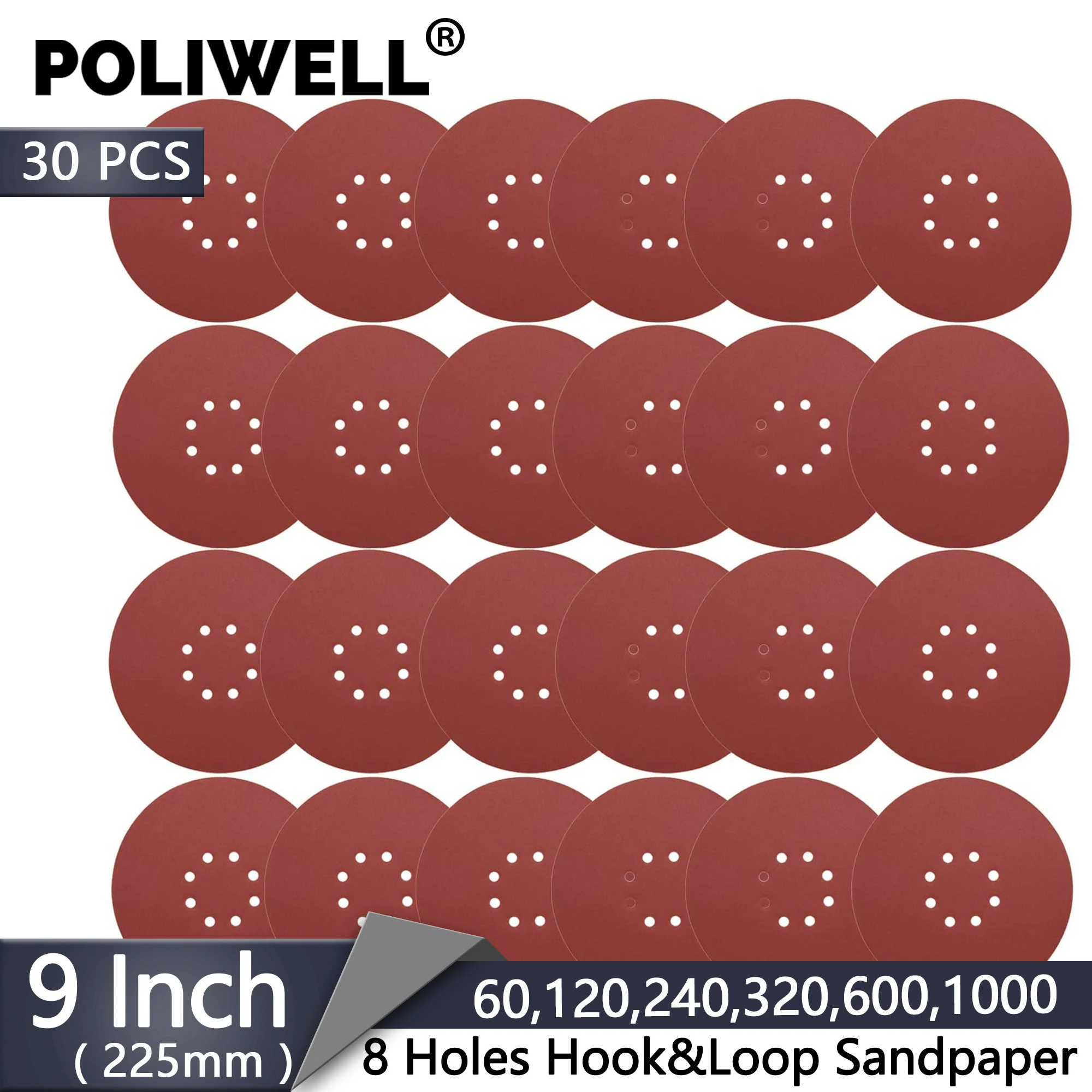 

30 PCS 9 Inch Sandpaper Hook and Loop Sanding Disc 8-Hole 60-1000 Grits Grinding Abrasive Pads