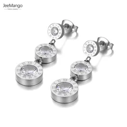 JeeMango Trendy Titanium Stainless Steel Roman Numerals Stud Earrings For Women Girl Bohemia CZ Crystal Earrings Jewelry JE20254