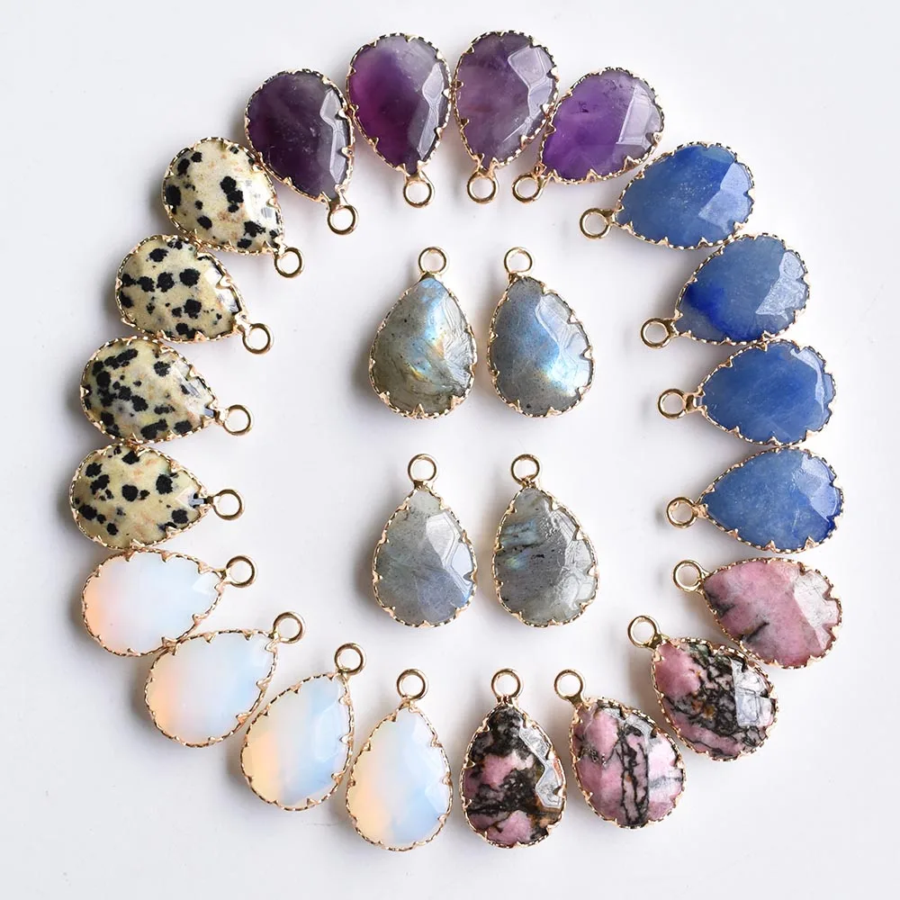 Wholesale 12pcs/lot  Natural ShimmerStone amethysts section water drop shape gold color Connector pendants for jewelry making