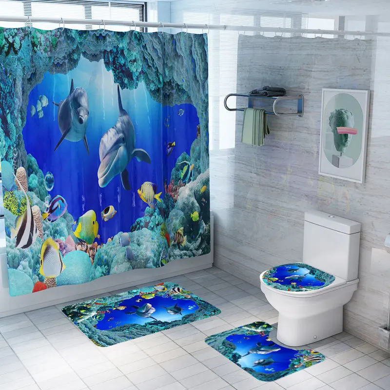 Blue dolphin Ocean Non-slip Bath Mats Carpet Bathroom Shower Curtain and Rug Sets Toilet Mat Rug Foot Pads Gift