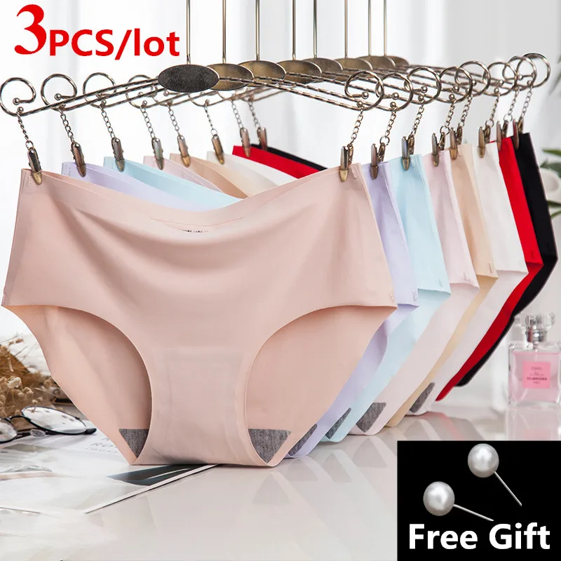 3PCS Women's Panties Ice Silk Underwear Sexy Seamless Lingerie For Women Mid Rise Female Lingerie Briefs Traceless Underpants