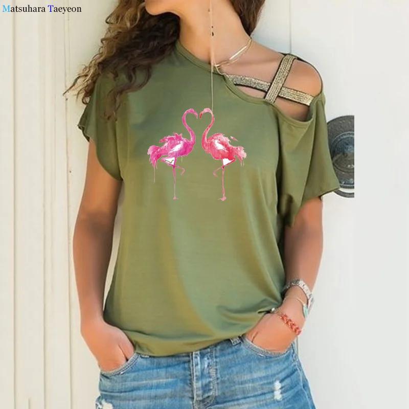 

Animal cartoon Flamingo Print TShirt Women Short Sleeve Sexy Loose Tshirt Hollow out Summer Women Tee Shirt Top Camisetas Mujer