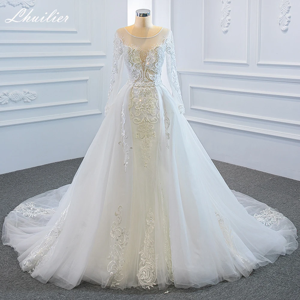 Lhuilier Customized Scoop Neck Mermaid Wedding Dresses Long Sleeves Beaded Floor Length Bridal Gowns with Detachable Train