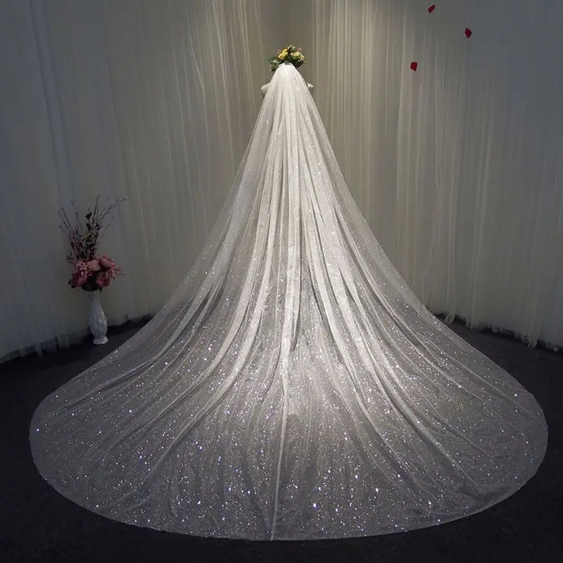 Women Mesh Ultra-Long Trailing Cathedral Wedding Veil Romantic Luxury Starry Sequins Hot Stamping Bridal Accessories