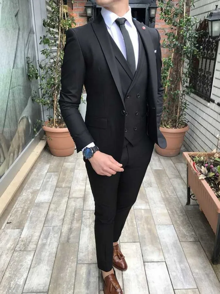 

New Arrival Men Suits Black Groom Tuxedos Peak Lapel Groomsmen Wedding Best Man 3 Pieces ( Jacket+Pants+Vest+Tie ) C905