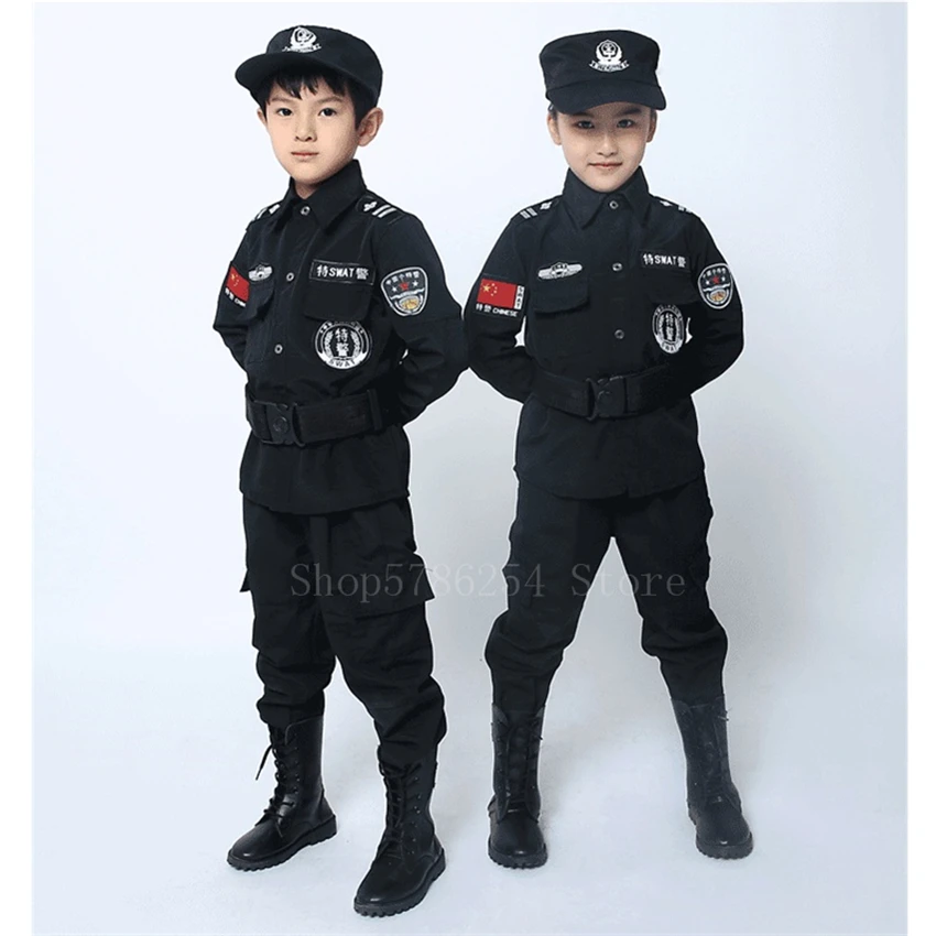 2022 Children Police Uniform Policemen Cosplay Costume Special Army Military Uniform Halloween Performance Clothing Set Outdoor