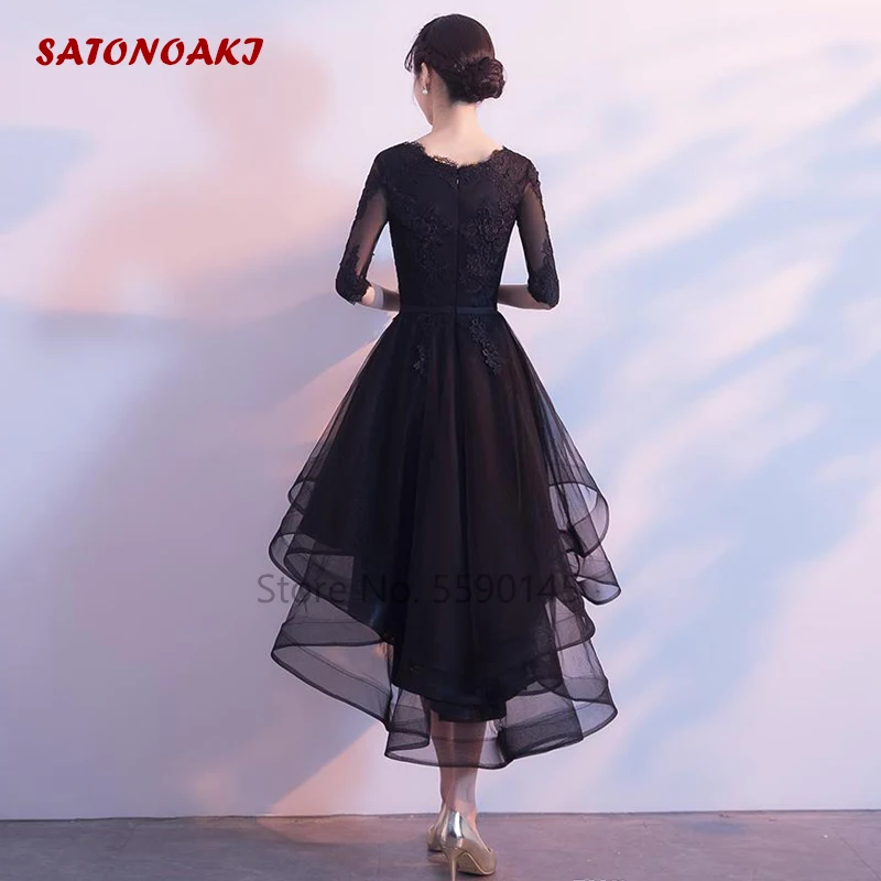 Customized Elegant Black Lace Short High/Low Wedding Dress for Bride Half Sleeves A-Line Party Bridal Gown Vestidos De Novia