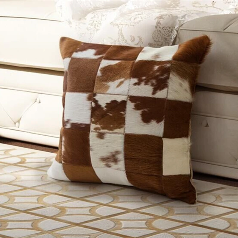 

Brown White Cowhide Fur Cushion Cover, Patchwork Leather Pillowcase 45x45cm