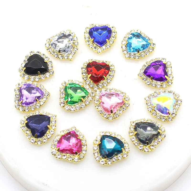 

New 10Pcs/Lot Gold Rhinestones Heart Flatback Buttons Handwork Decoration Greeting Card18MMSewingBeautiful Wedding Accessories