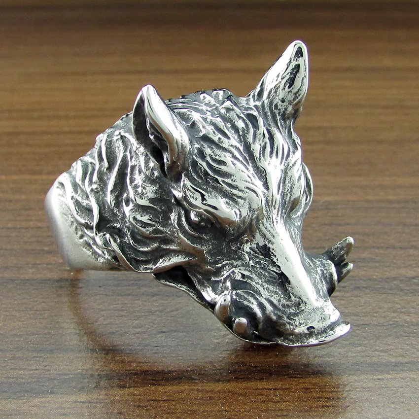 Punk Silver Color Black  Golden Plated 316L Stainless Steel Hop Men\'s Wild Boar Head Ring Animal Jewelry