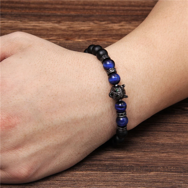 Wolf Charm Bracelets Men Natural Black Lava Stone Bracelets Brave Tiger Eye Bracelets Women Elastic Jewelry 8 mm Beads Pulsera