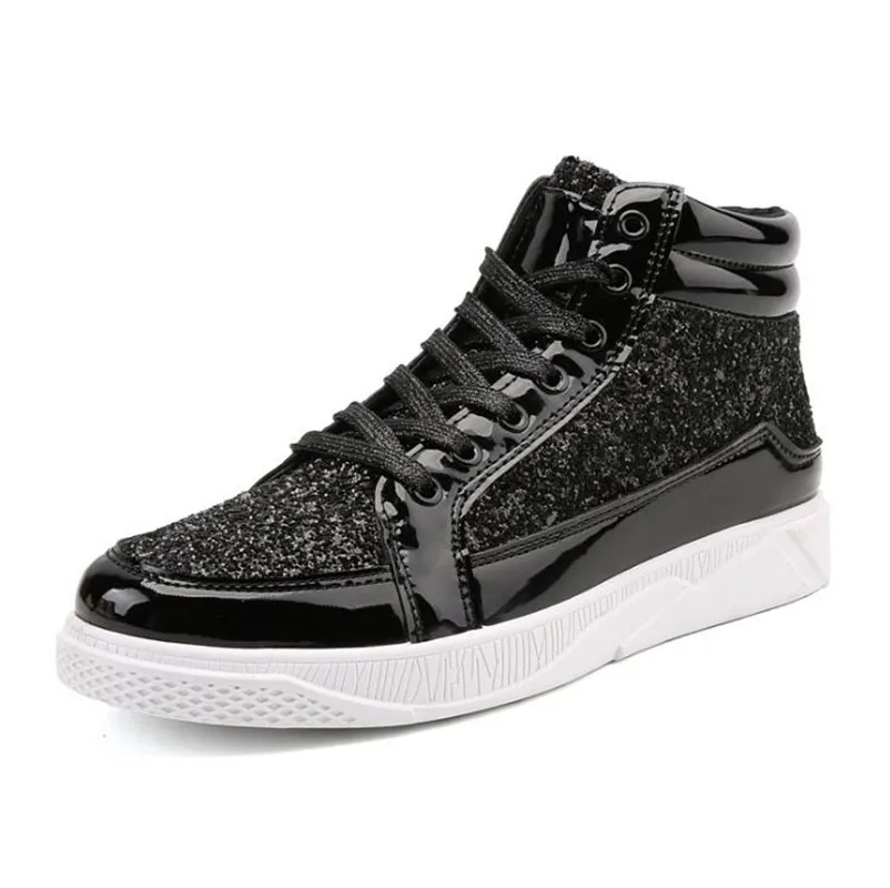 Men High Top Gold Glitter Sneakers Lace Up Platform Black Flats Gold Shoes Man Bling Silver Shoe