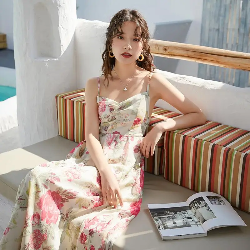 Summer new beach chiffon dress feminine halter bandage robe elegant ladies floral dress