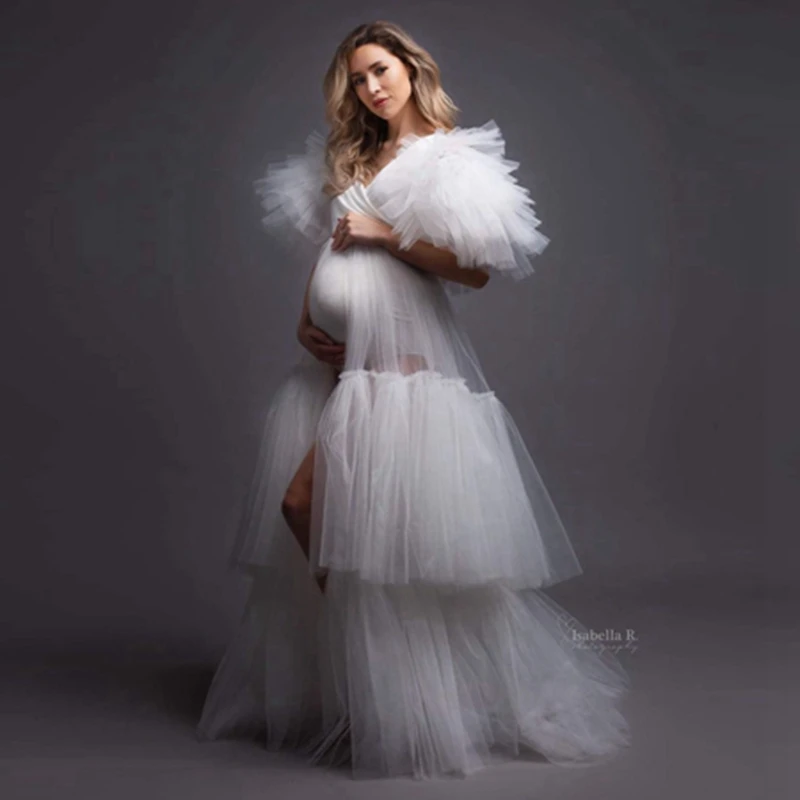 

New Arrival White Tiered Mesh Maternity Dress With Puff Half Sleeves Pretty Ruffles Tulle Pregnant Women Dress Long Robes