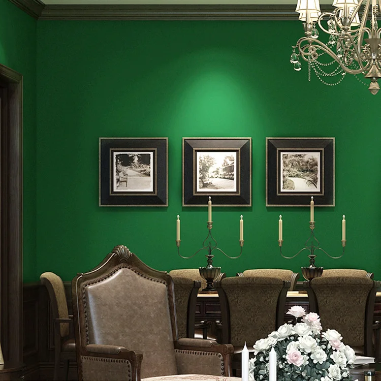 

American country solid color pine green dark green non-woven wallpaper bedroom living room plain wallpaper