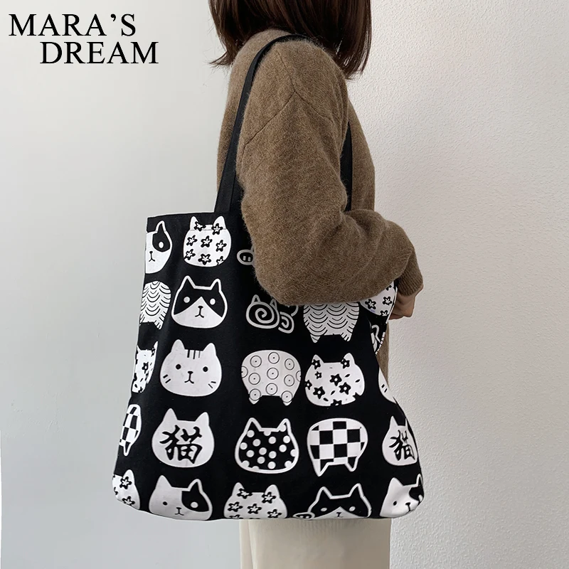 Mara\'s Dream Women Canvas BagsCat Print Tote Shopping Bags Casual Cloth Shoulder Bag For Girls Ladies Shopper Bags With Zipper