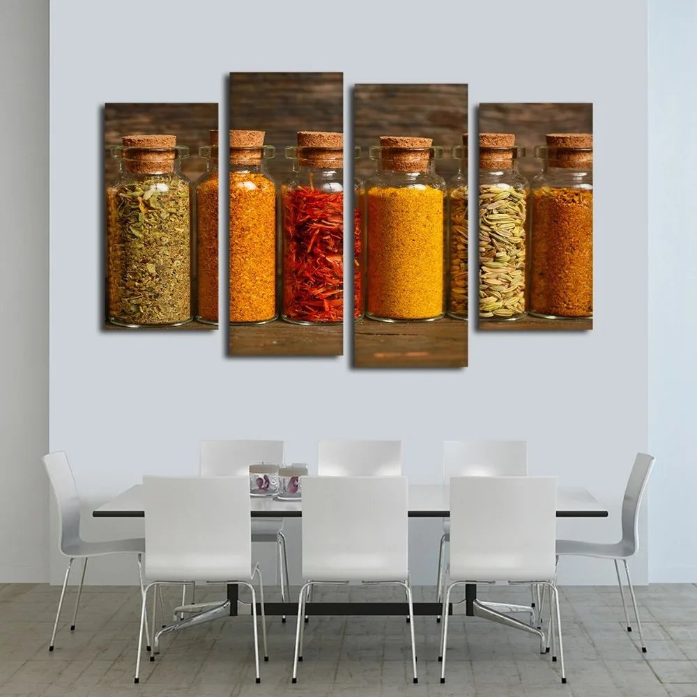 Canvas Poster Modular Wall Art Picture Spice and Glass Bottle Painting Hd Prints Modern Home Decor Room Mural 4 Pieces Frameless