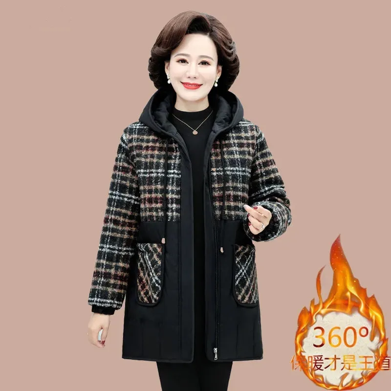 Mother\'s Padded Jacket And Velvet Thickened Hooded Winter Coat Middle-Aged And Elderly Women\'s Warm Plaid Cotton Clothes Female