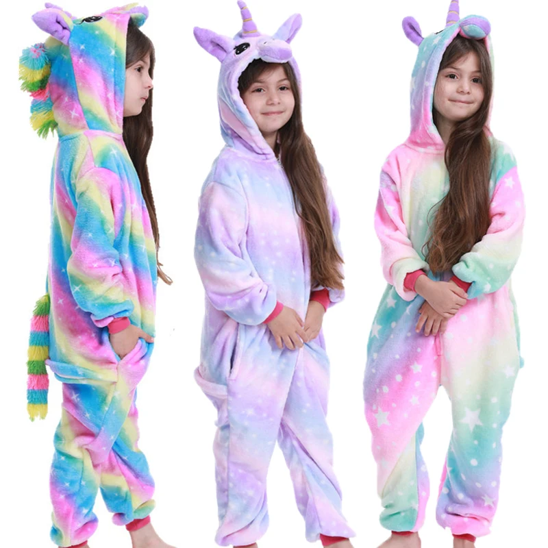 Pijamas de unicornio para niños y niñas, manta Kigurumi cálida con capucha, franela de dibujos animados, ropa de dormir de invierno, 4 a 12 años