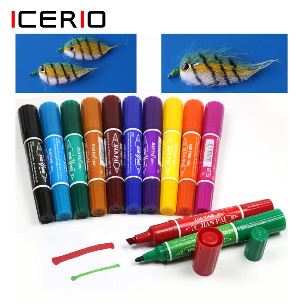 ICERIO 12 Colors Fly Tying Tool Waterproof Markers Painting Lure Flies Poppers Fishing Marker Pen