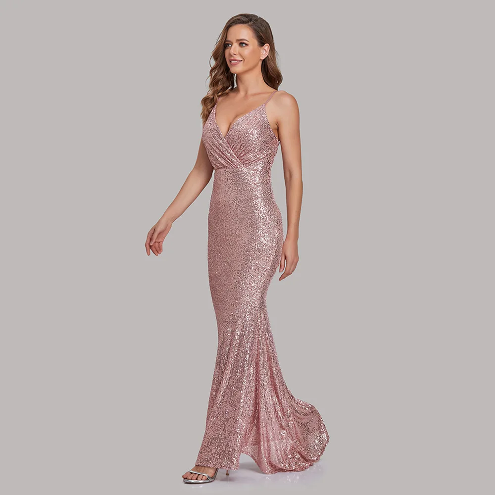 Glitter rosa lantejoulas vestido de noite 2022 sexy decote em v cintas de espaguete sereia vestidos de baile longo bling formal noite festa vestir robe