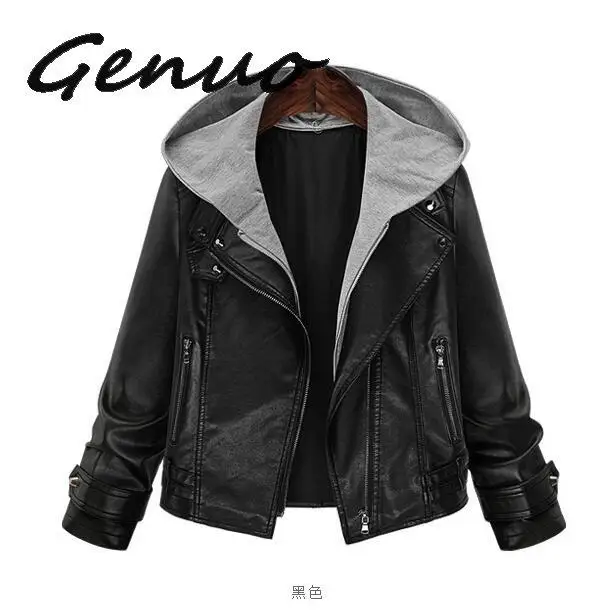 

Women's Leather Jacket Large Size Female Thin Hooded Long-sleeved Leather Women Short Coat