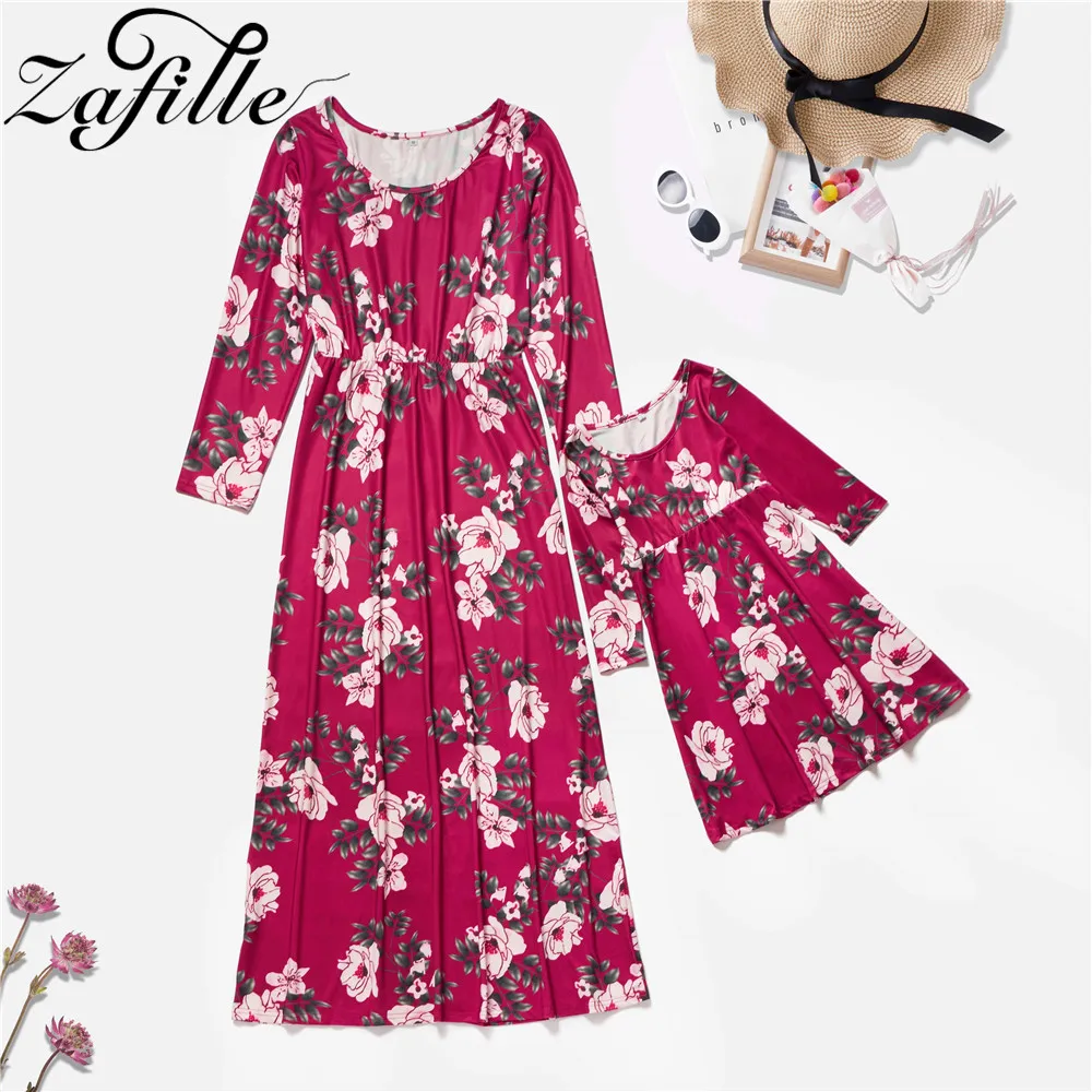 ZAFILLE Wine Red Family Look Mom And daughter Party Costume Mother and daughter Matching dress Floral Long Mommy and me clothes