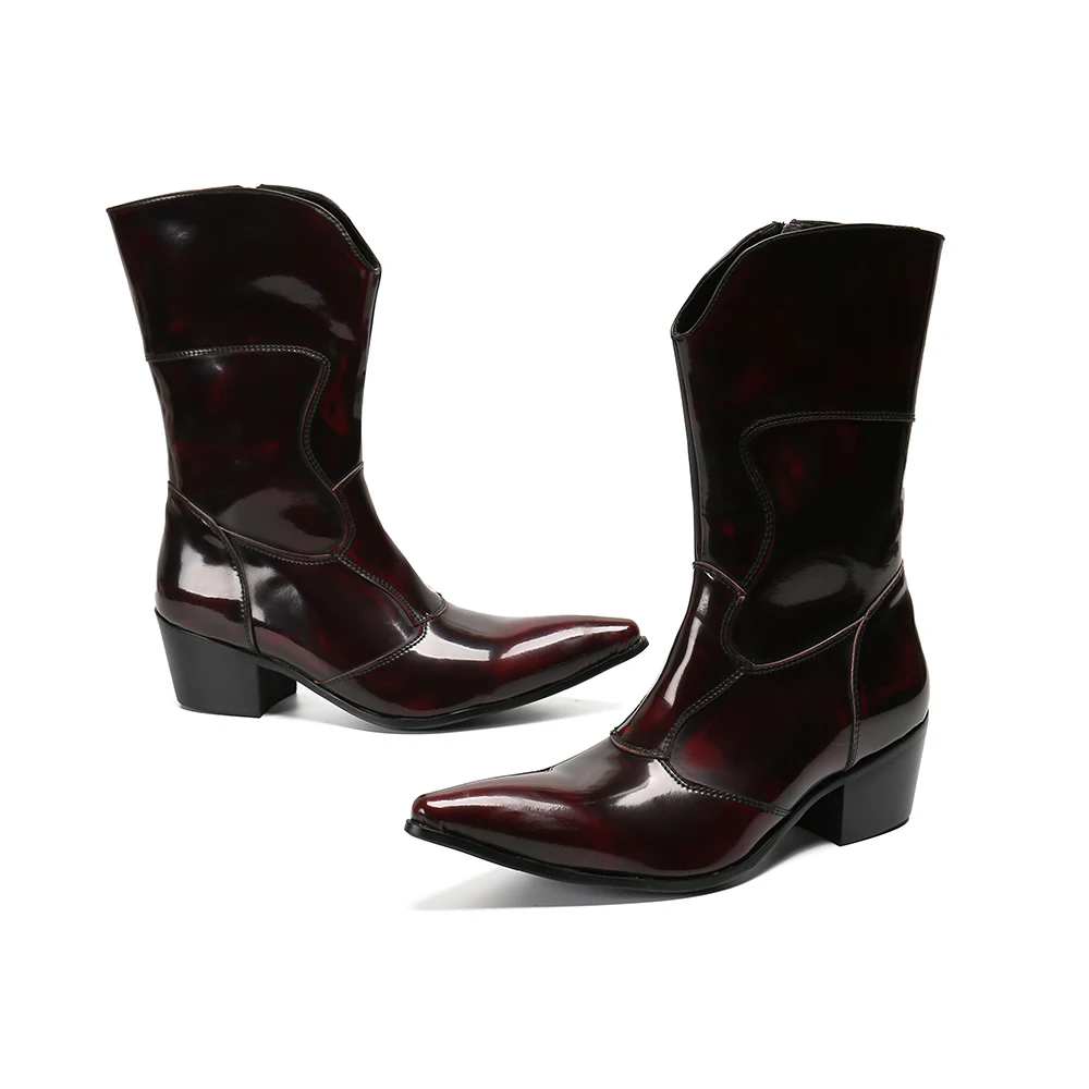 

New Winter Fashion Men Long Boots Mid Heel Western Mid Calf Boots Elegant Male Pointed Toe Real Leather Cowboy Boots Large Size