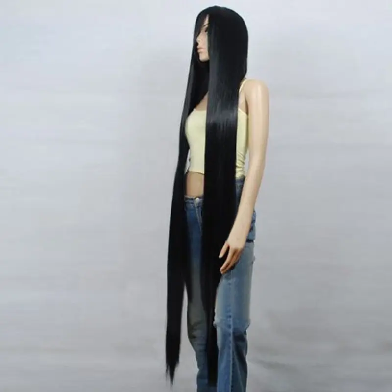 200cm/79" 150cm/59" 120cm/47" 100cm/39" 80cm/32" Black Long Straight Wig Heat Resistant Synthetic Hair Cosplay Wigs + Wig Cap - Image 3