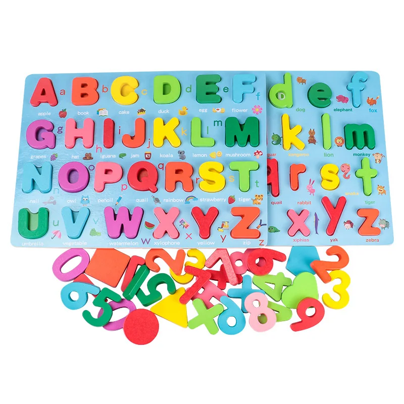Rompecabezas de madera 3D para niños, juguete educativo Montessori, colorido, números, letras, formas geométricas, tablero de agarre cognitivo,