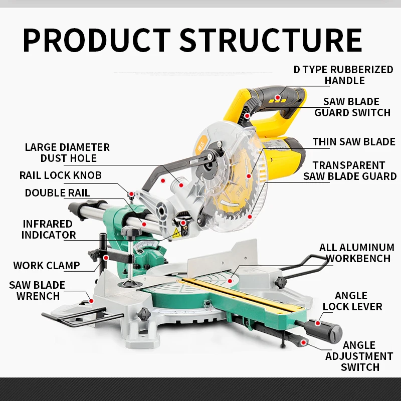 J1G-ZP-190 7-Inch Woodworking Chainsaw With Extended Rail 220V Multi-Function Miter Saw Bevel 45 Degrees 1500W