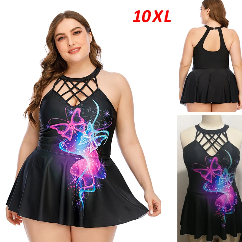 

2024 New Plus Size XL-10XL Women Halter Swimdress Tankini Set Two Piece woman long skirt swimwear women Beachwear