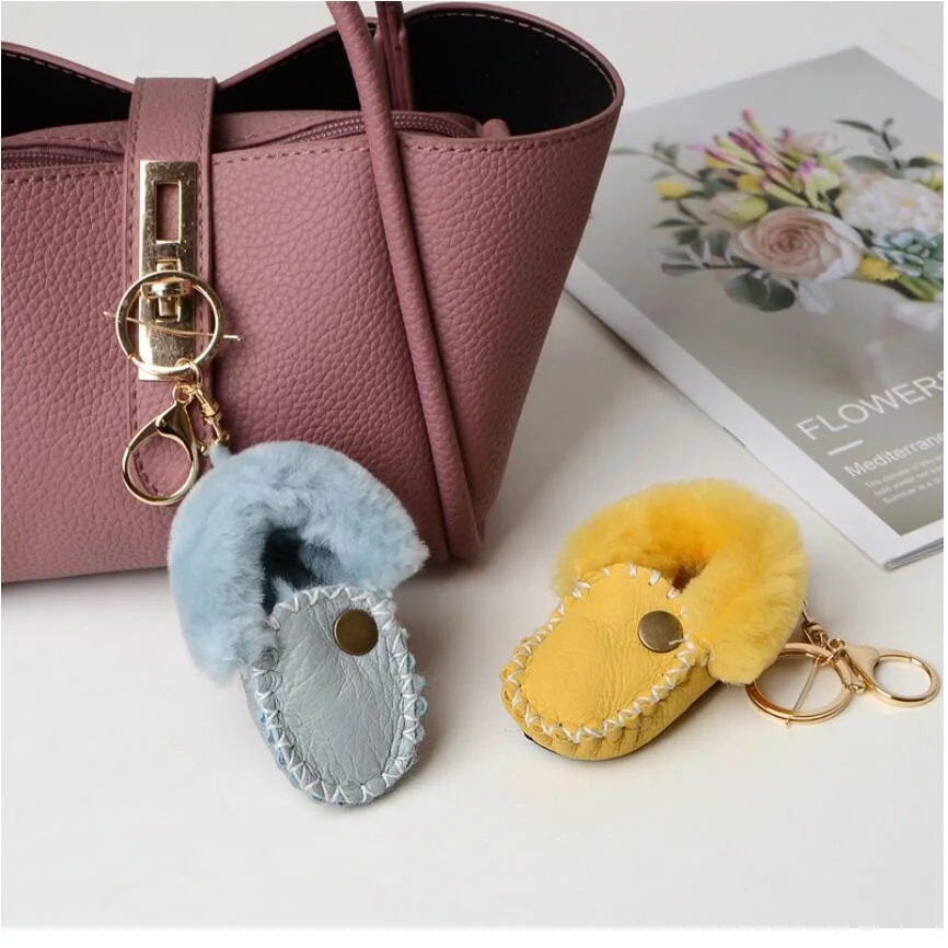 Shoe Keychain for Couples Real Shearling Lamb Fur Key Ring Handbag Charm Purse Pendants Accessories