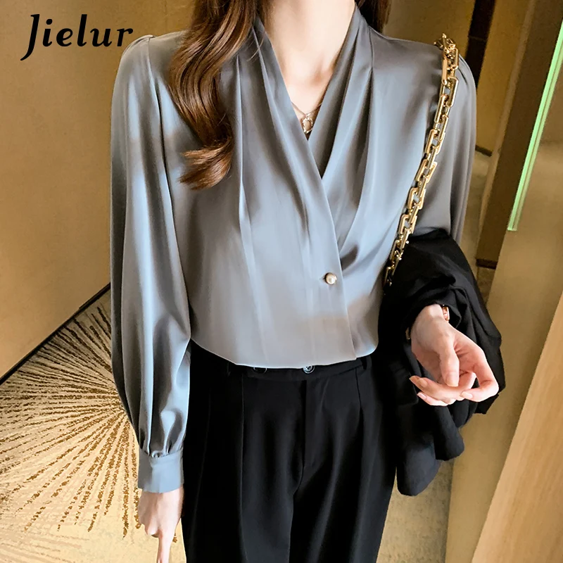 

Jielur V-neck Business Long-sleeved Shirts Women Fashion Blue Casual Tops 2021 Autumn Winter Apricot Elegant Style Blouses S-XXL