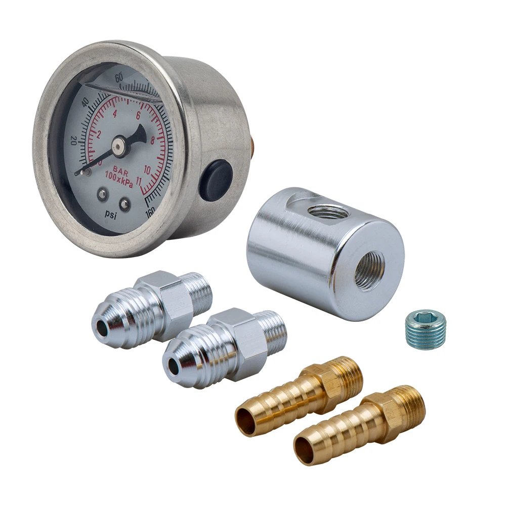 

Universal 1/8 NPT Fuel Pressure Gauge Liquid Filled Polished Case 0-160 psi and adaptor kit For fuel injection systems