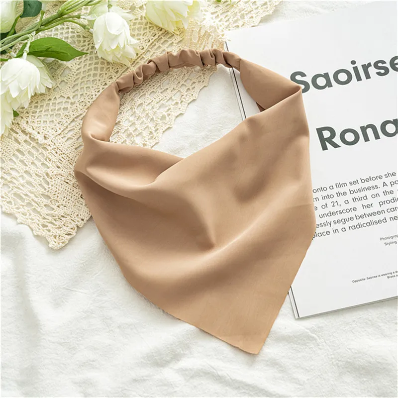 Ruoshui-chiffon triângulo cachecol para mulheres e meninas, headband elástica, acessórios de cabelo, ornamentos, cor sólida, verão