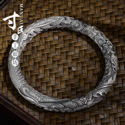 Phoenix wear peony relief handmade silver bracelets, solid cylindrical open solid silver bracelet, S999 solid silver bracelet