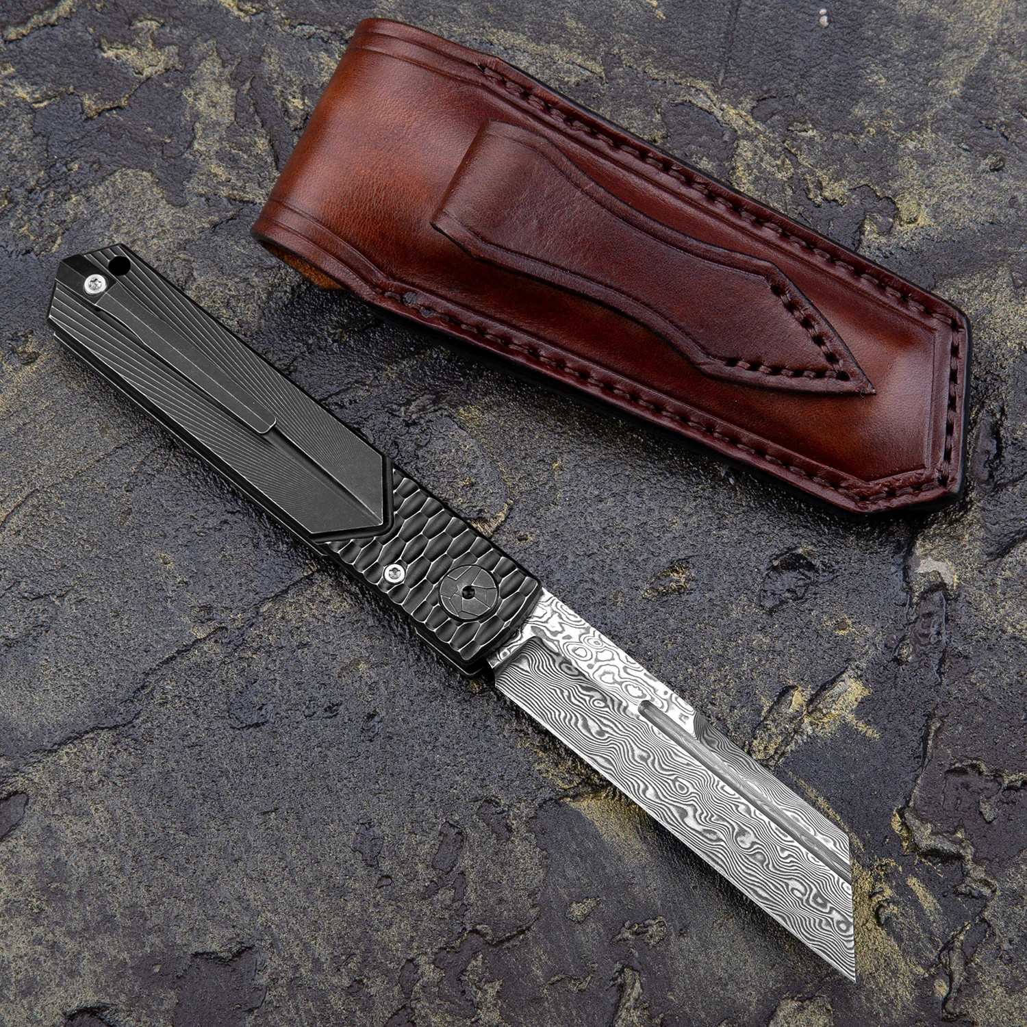 NEWOOTZ Damascus Higonokami Cleaver Balde Titanium Handle with Pocket Clip and Sheath EDC Folding Knives Tactical Self Defense