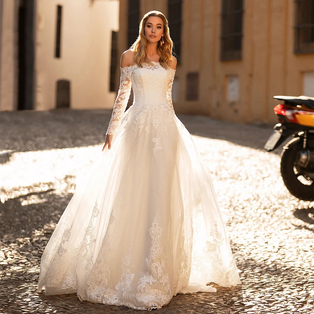 Prinzessin Hochzeit Kleid Brautkleider Nach Langen Ärmeln Boot-ausschnitt Pailletten Appliques EINE Linie Sweep Zug Braut Robe De Mariee