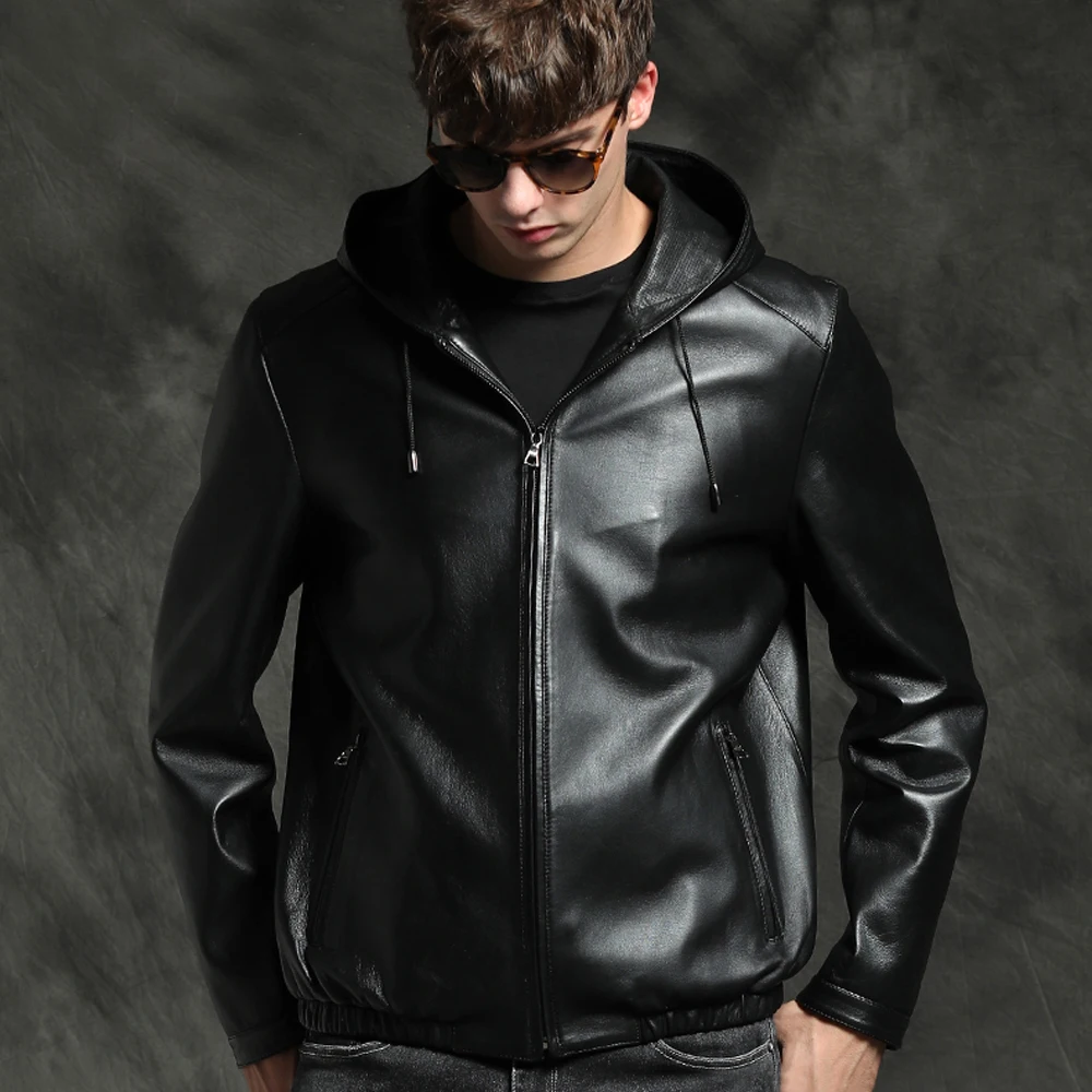 New Hooded Leather Jacket Men Short Sheepskin Outwear Cap Genuine Leather Coat Black Sheepskin Leather Clothing