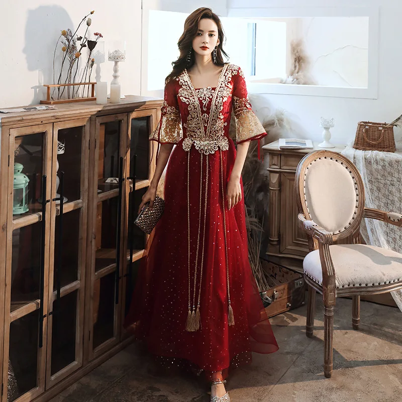 Sexy Sequins Embroidered Flared sleeve Prom Dress Evening Gown Qipao Cheongsam Luxurious Chinese Wedding Evening Dress