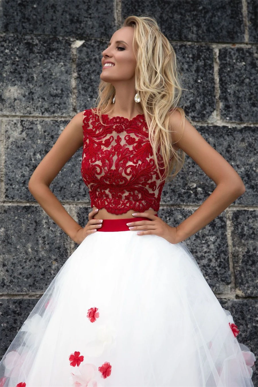 red and white beach wedding dresses A-line Wedding Dress With High Slit,Red White Bridal Gown,WD01035 main image 0
