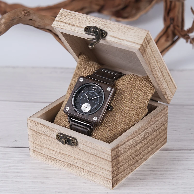 Reloj Madera BOBO BIRD Luxury Brand Wood Watch Men Square Wristwatch Japanese Seiko Movement Relogio Masculino In Gift Box