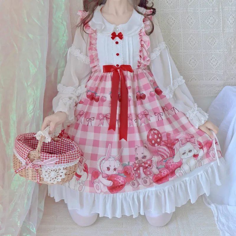 Giappone Kawaii rosa Lolita dolce fragola senza maniche JSK coniglio carino dolce Lolita JSK abito da principessa per ragazza vestito Cosplay