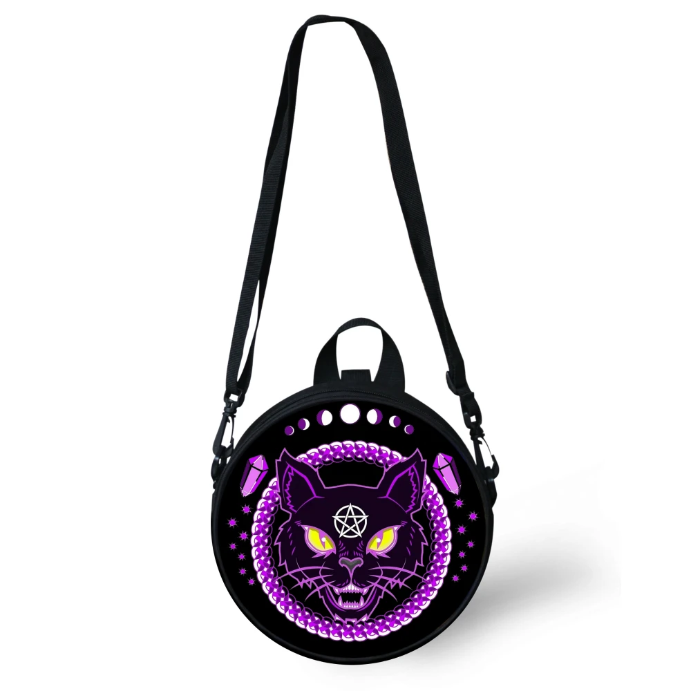 ELVISWORDS Retro Witchcraft Black Cat Circular Messenger Bags For Women Boys Crossbody Satchel Gothic Girls Round Shoulder Bags