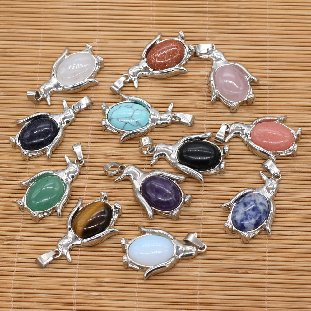 Natural Stone Pendant Alloy Penguin Rose Quartz Tiger Eyes Charms for  DIY Jewelry Making Necklace Accessories Size 24x34mm