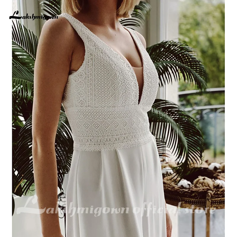 Mono De encaje para mujer, vestidos De Novia blancos, traje De boda para playa, vestidos De Novia bohemios con cuello en V, vestidos De Novia 2022