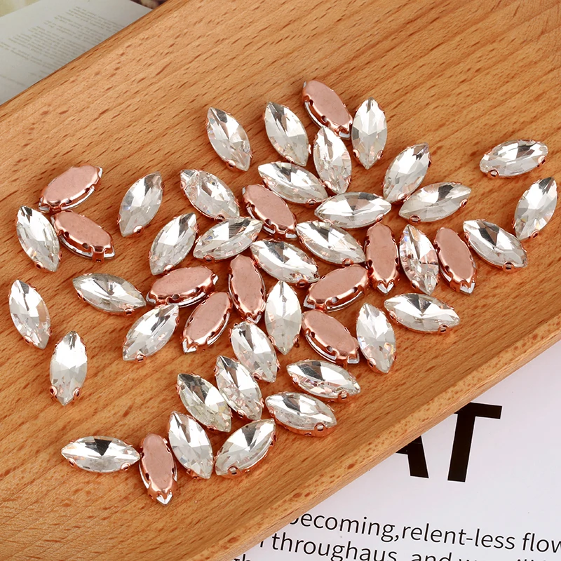 5x10/6x12/7x15mm Horse Eye Sew On  Glass Stone With Rose Gold Claw Flat back No Scratch Sewing Crystal Rhinestone For  Dresses